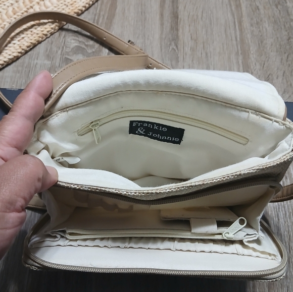 Tan Crossbody Bag with Leather Trim and Flap Closure - Picture 13 of 16